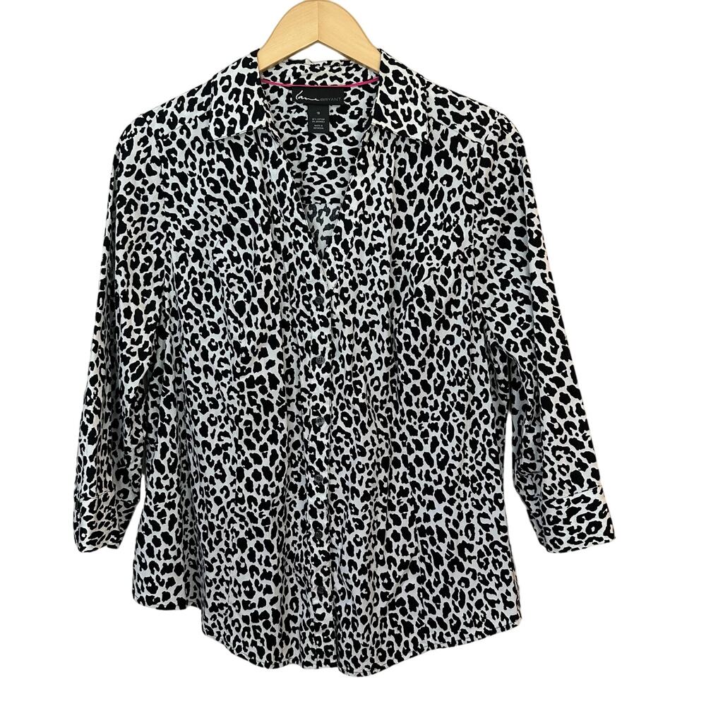 Lane Bryant Animal Print Blouse Womens Size 18‎ V Neck Button Up Black White
